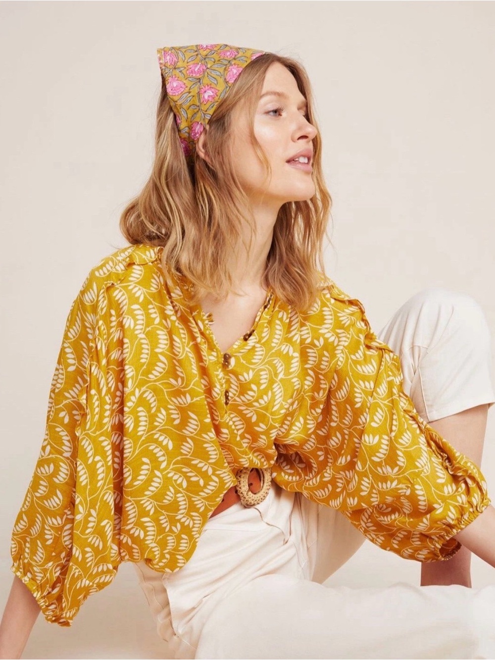 Anthropologie Maeve Womens XS Yellow Letizia Ruffled Henley Blouse Top